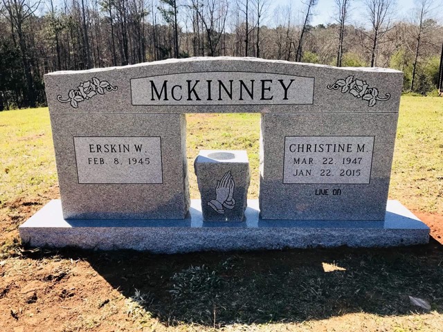 Standing Companion Headstone with Rose and praying hands Carvings and Flower Holder in center