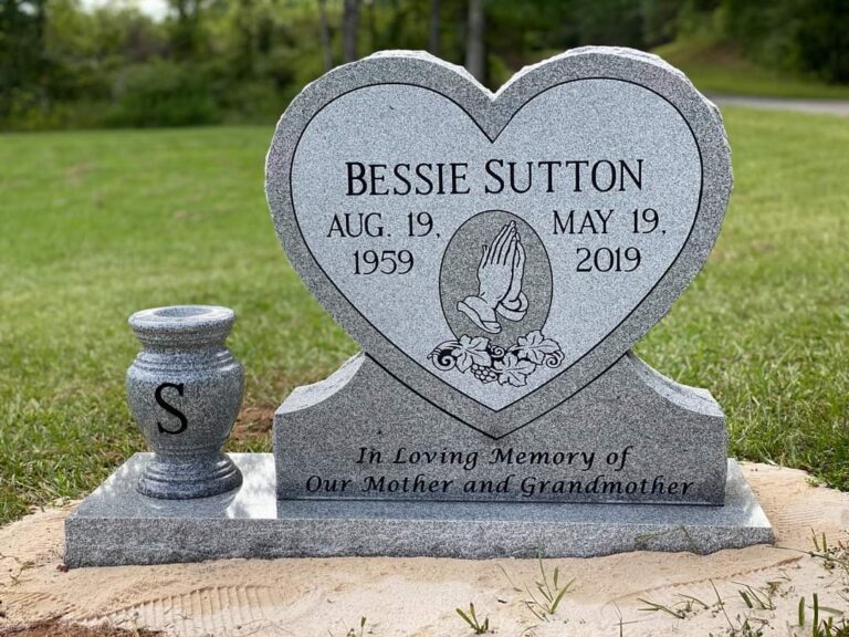Standing Heart Headstone with carved praying hands and Flower Holder